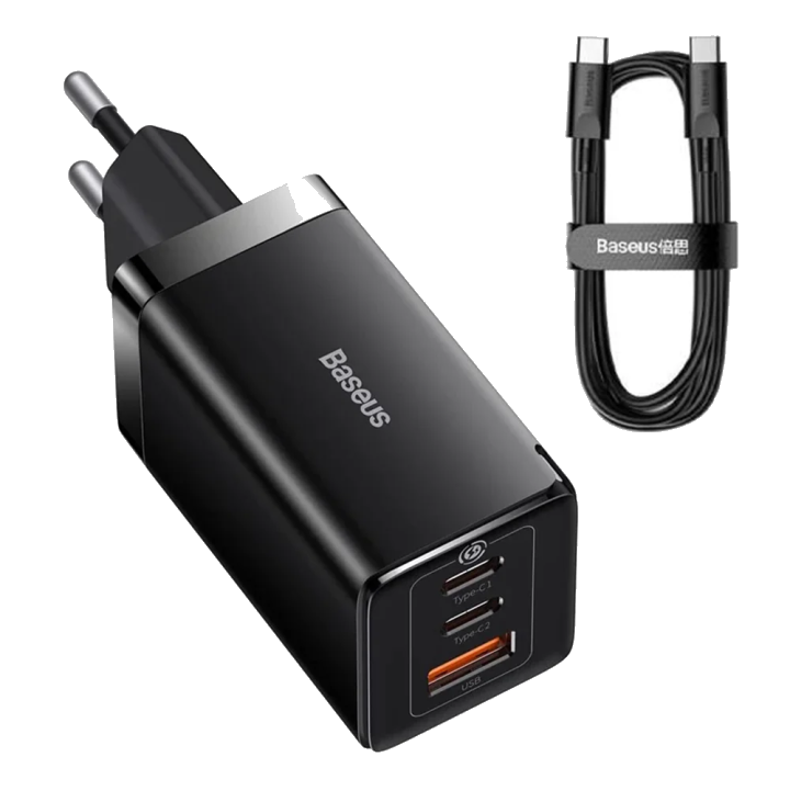 Netzteil mit USB-C-Kabel Baseus GaN5 Pro, 65W, 3,25A, 1 x USB-A - 2 x USB-C, Schwarz CCGP120201