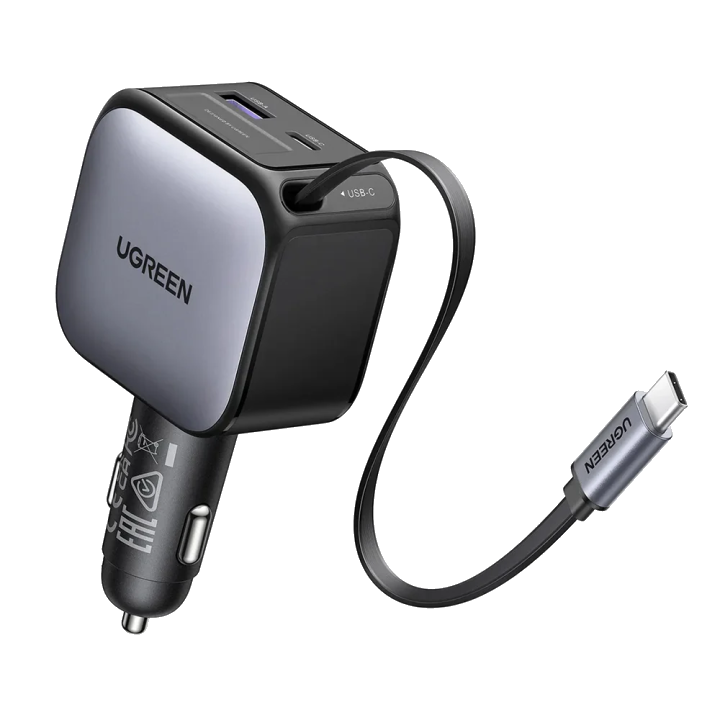 UGREEN EC602 60W USB-A, 2xUSB-C Kfz-Schnellladegerät mit ausziehbarem Kabel