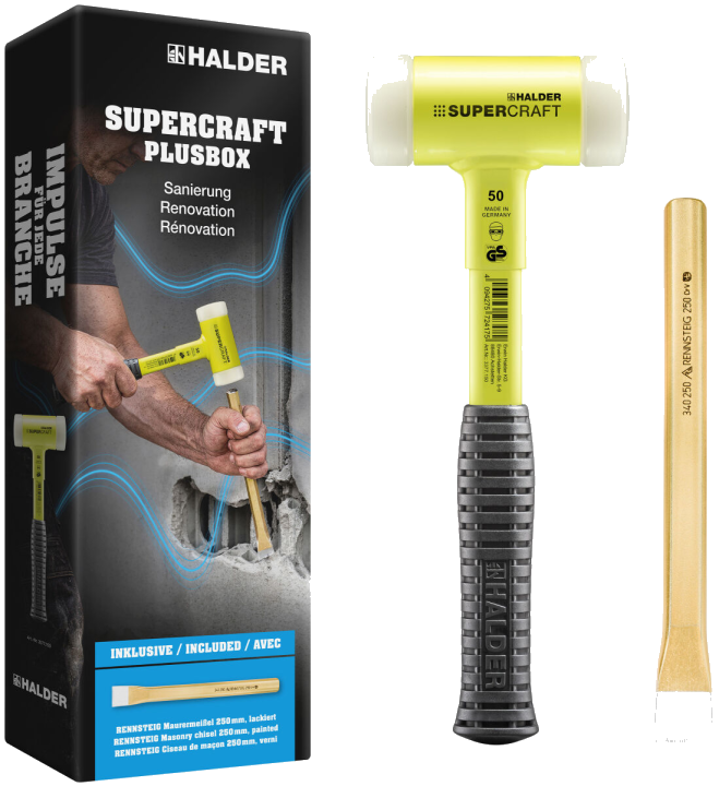 HALDER SUPERCRAFT Plusbox Sanierung Schonhammer Ø 50 mm + RENNSTEIG Maurermeißel 250 mm