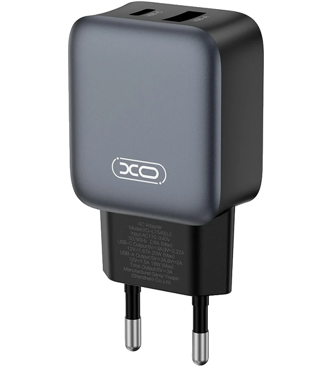 Netzladegerät mit Lightning-Kabel XO Design L154, 20W, 3A, 1 x USB-A - 1 x USB-C, Schwarz