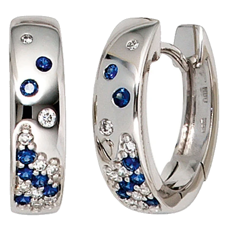 Creolen 585 Gold Weißgold 18 Diamanten Brillanten 14 Safire blau Ohrringe