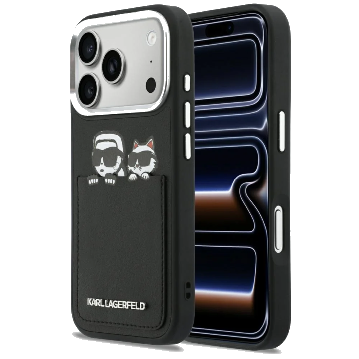 Hülle für Apple iPhone 17 Pro, Karl Lagerfeld, Karl & Choupette Print mit Tasche, Schwarz