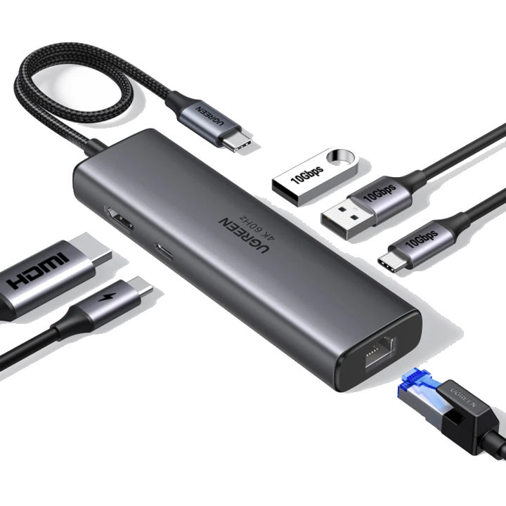 Hub USB-C UGREEN CM512 (45000), 2 x USB-A 3.2 - 2 x USB-C - 1 X HDMI - 1 x RJ45, Grau
