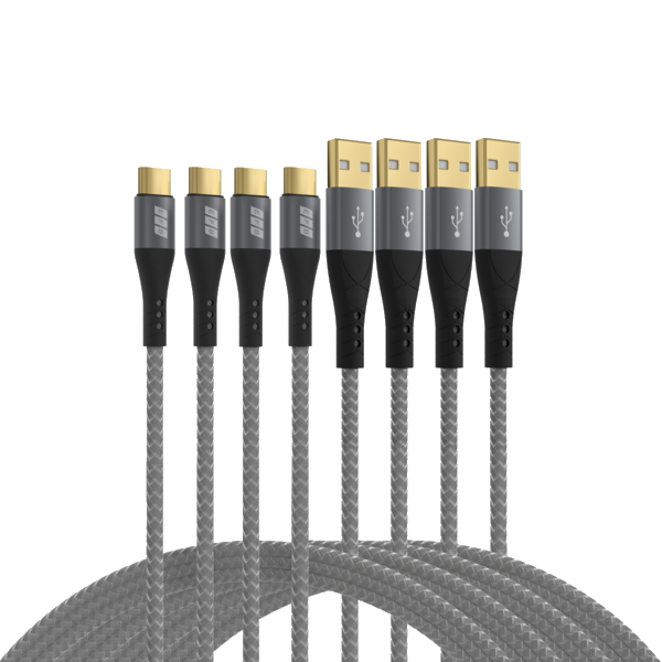 USB-A auf USB-C Kabelset 60W QC 3A, 0,5m+1m+2m+3m grau Goldkontakte Textilmantel