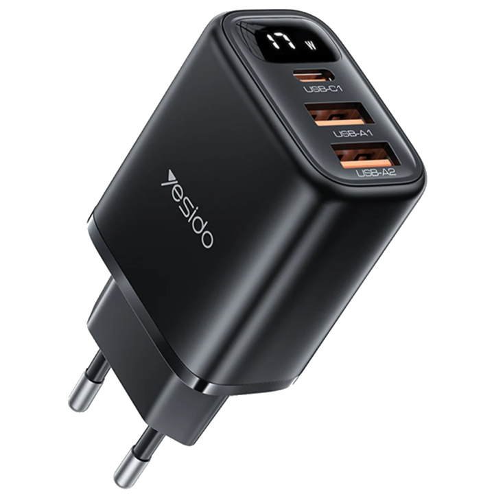Netzladegerät Yesido YC67 Display, 17W, 2.4A, 1 x USB-C - 2 x USB-A, Schwarz