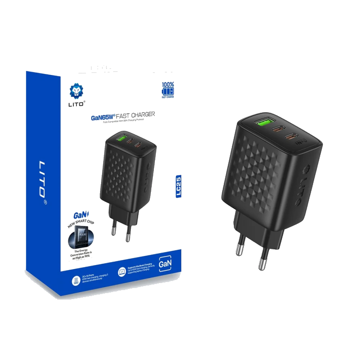 Netzladegerät Lito LC25, 65W, 3.25A, 1 x USB-A - 2 x USB-C, Schwarz