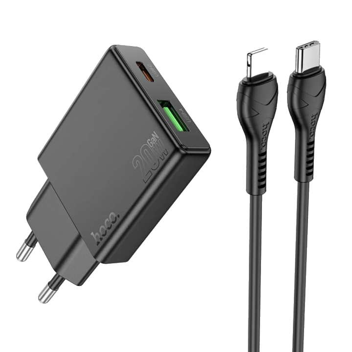 Netzladegerät mit Lightning-Kabel HOCO N38, 20W, 3A, 1 x USB-A - 1 x USB-C, Schwarz