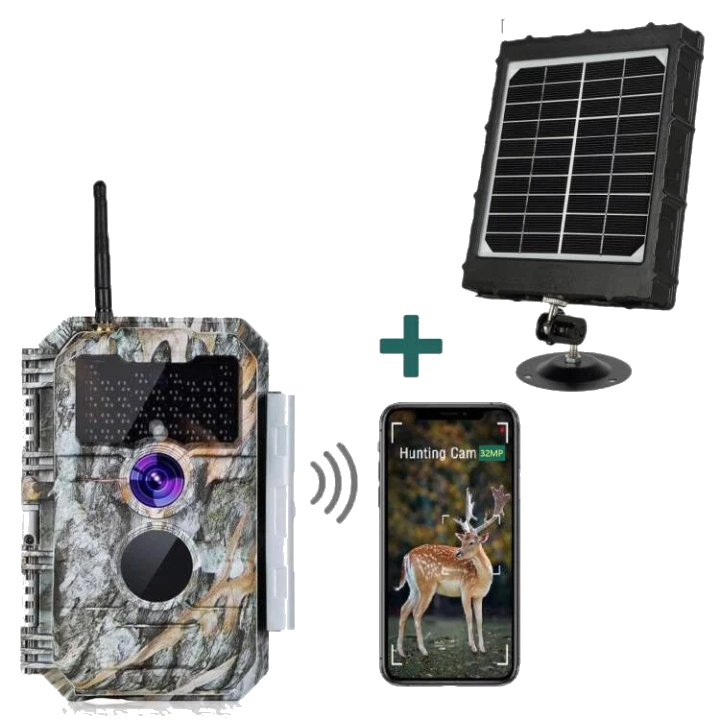 Bundle Wildkamera Wildtierkamer Jagdkamera Wlan 64MP 1296P 0,1s Auslöserzeit Nachtsicht Bewegungsmelder 110°PIR und Solarpanel-Kits 8000mAh 12V/9V/6V | W600 Tannenasch