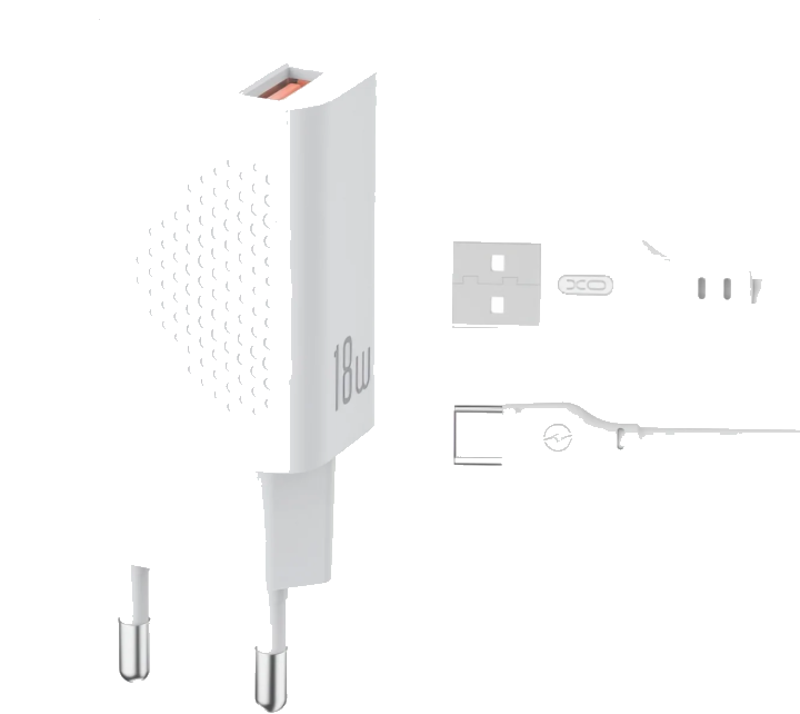 Netzladegerät mit USB-C Kabel XO Design L159, 18W, 3A, 1 x USB-A, Weiß