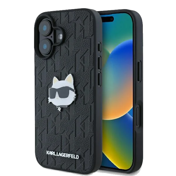 Hülle für Apple iPhone 16, Karl Lagerfeld, Monogram Choupette's Head, Schwarz