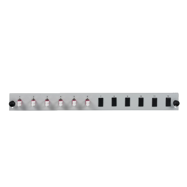 Bestückte 12 Port Frontblende mit 6 x LC, Duplex Kupplung OM4 vertikal, schwarz