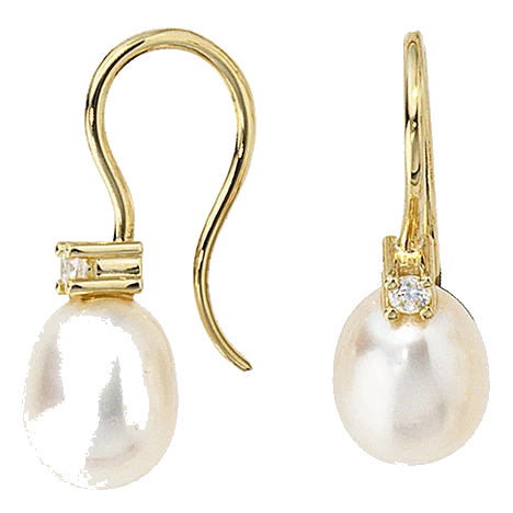 Ohrhänger 333 Gold Gelbgold 2 Süßwasser Perlen 2 Zirkonia Ohrringe Goldohrringe