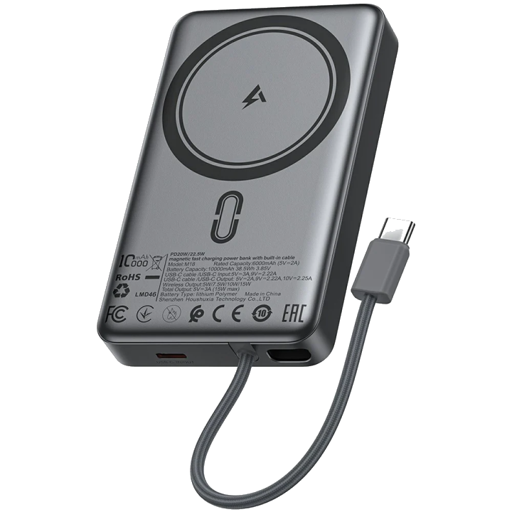 Externer Wireless-Akku Acefast M18, 10000mAh, 22.5W, PD + FQI, 1 x QI - 2 x USB-C, Schwarz
