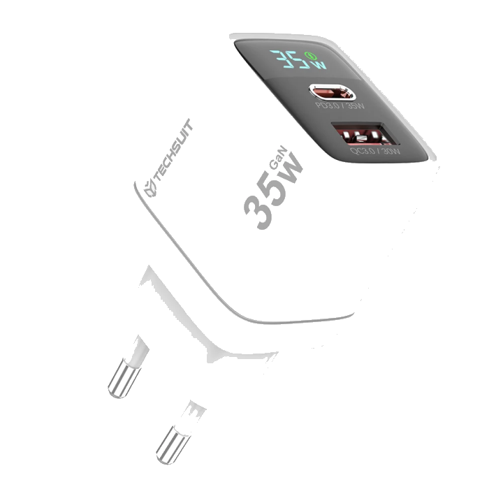 Netzladegerät Techsuit CH3 LEDChargX Display, 35W, 3A, 1 x USB-A - 1 x USB-C, Weiß