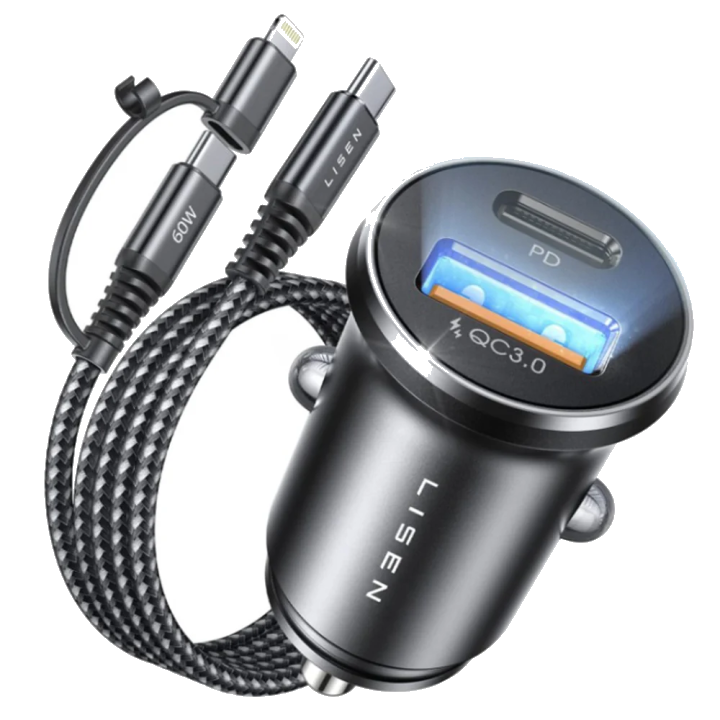 Auto-Ladegerät mit USB-C / Lightning Lisen Kabel, 48W, 3A, 1 x USB-A - 1 x USB-C, Schwarz YL0223080035