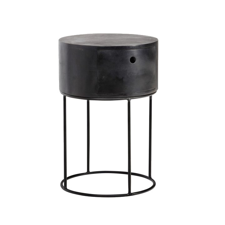FineBuy Nachtkonsole rund aus Massivholz mit Metallgestell und Schublade – moderner Nachttisch im Industrial Design mit Stauraum, Nachtkästchen ideal für Boxspringbetten – 40x40x60 cm