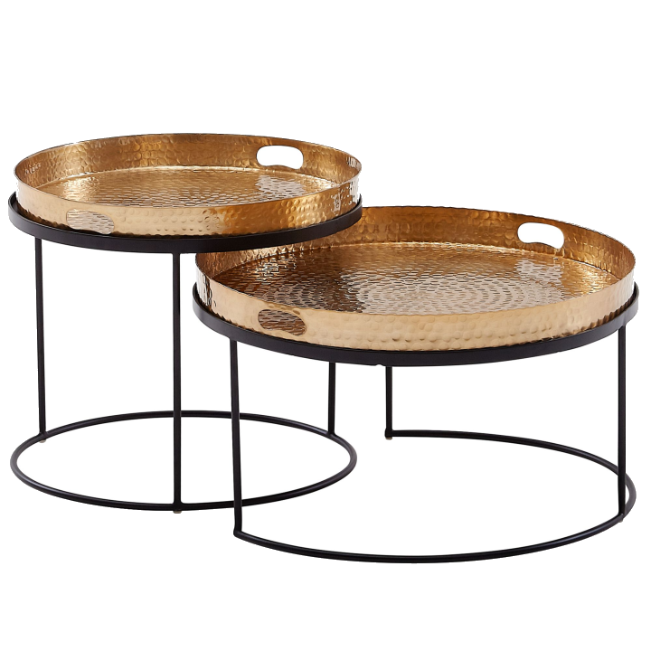 FineBuy Couchtisch 2er Set Metall Hammerschlag Satztisch Rund, Sofatisch abnehmbares Tablett, Tabletttisch Sofa 2 teilig Modern, Runder Beistelltisch