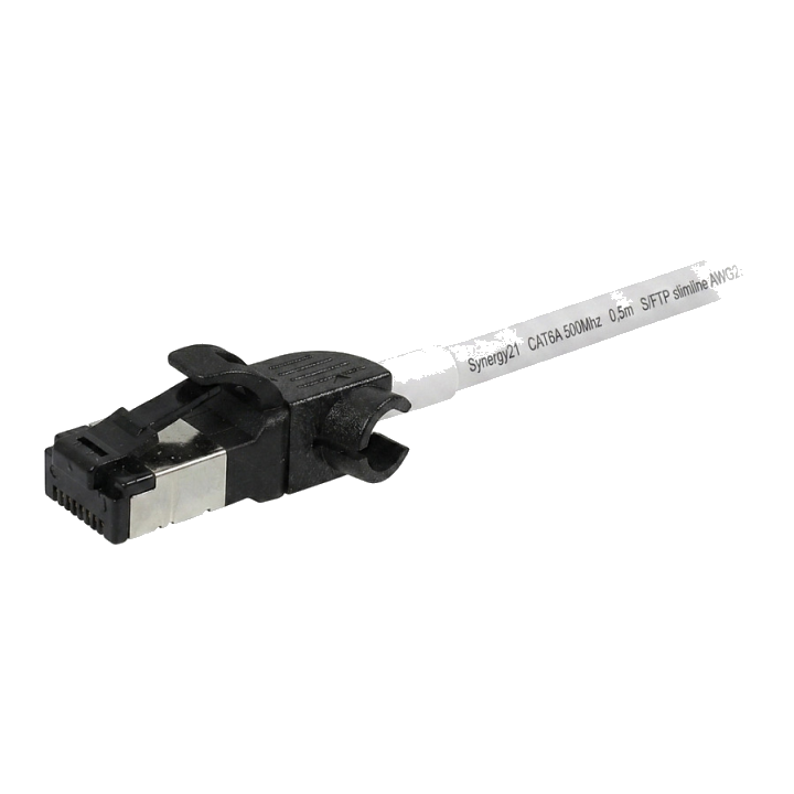 Synergy21 Patchkabel RJ45, CAT6A 500Mhz, 0,5m, weiss, S/FTP, slimline rund d=4,5mm, TPE/LSZH(Superflex), AWG28, mit CAT7 Rohk., drehbarer Stecker,