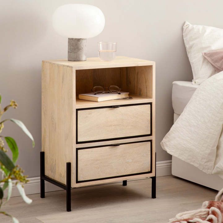 Nachttisch Whitewash Massivholz 2 Schubladen Nachtkonsole Design Nachtkästchen