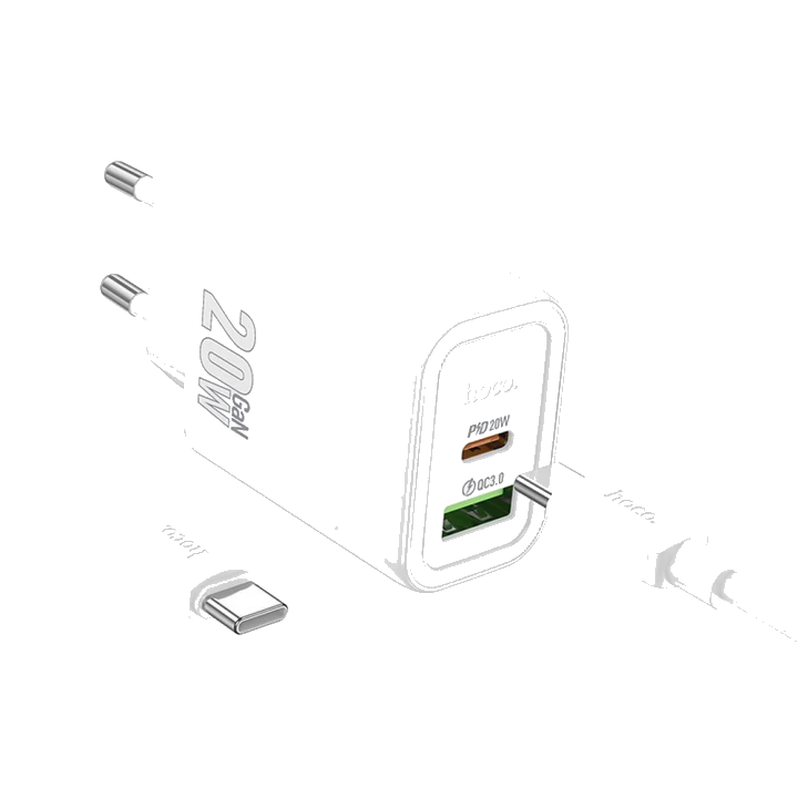 Netzladegerät mit USB-C Kabel HOCO N61, 20W, 3A, 1 x USB-A - 1 x USB-C, Weiß