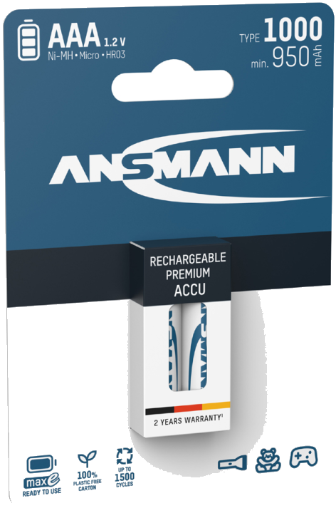 ANSMANN NiMH Akku Premium, Micro AAA, 1.000 mAh, 2er Blister
