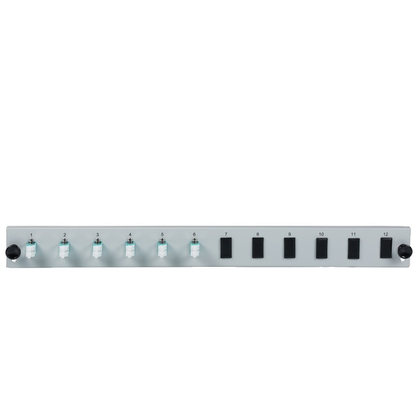 Bestückte 12 Port Frontblende mit 6 x LC, Duplex Kupplung OM3 vertikal, grau