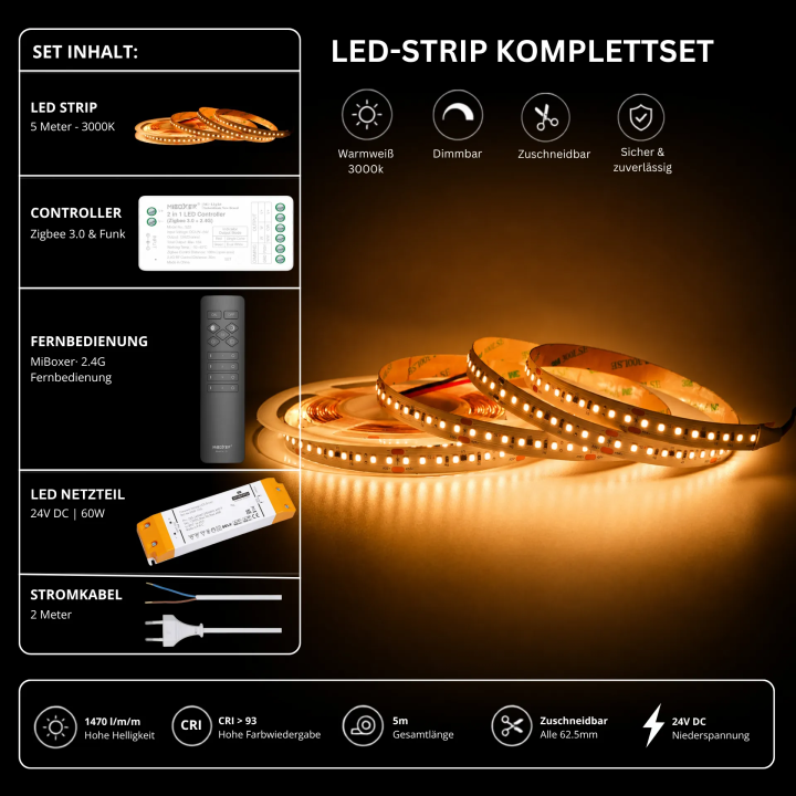 LED Streifen Set Warmweiß 3000K – SMD LED Streifen 24V, 9 W/m, 1500 lm/m, 5m – SS60 Netzteil, SZ2 Zigbee 3.0 Controller & C1 Fernbedienung Schwarz