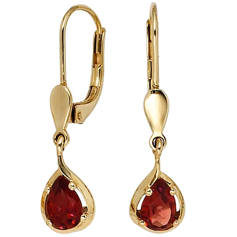 Boutons Tropfen 585 Gold Gelbgold 2 Granate rot Ohrringe Ohrhänger Goldohrringe