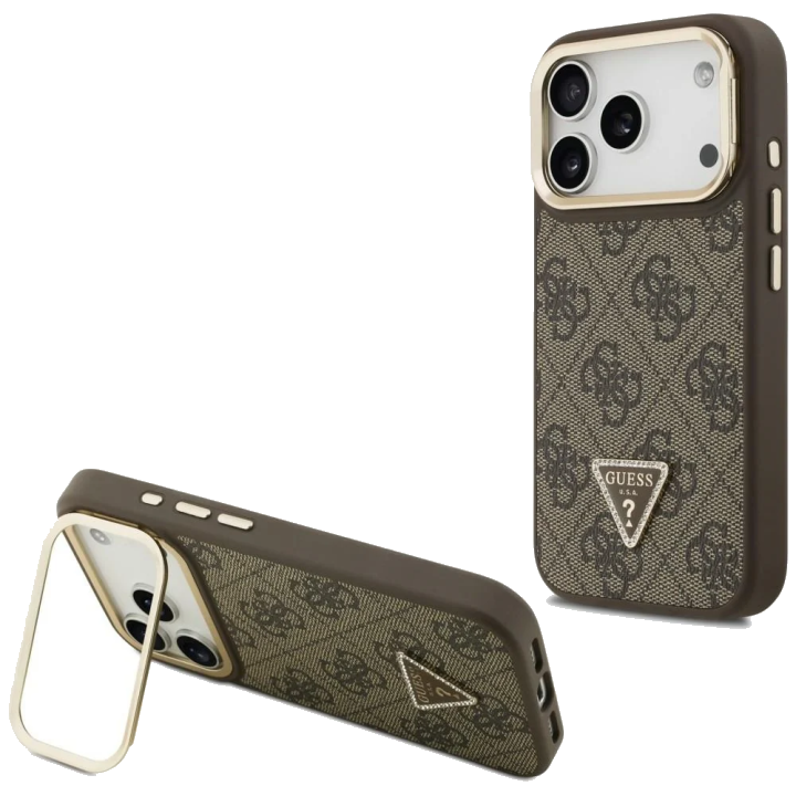 MagSafe Hülle für Apple iPhone 17 Pro, Guess, 4G Triangle Logo mit Kameraständer, Goldenes Braun