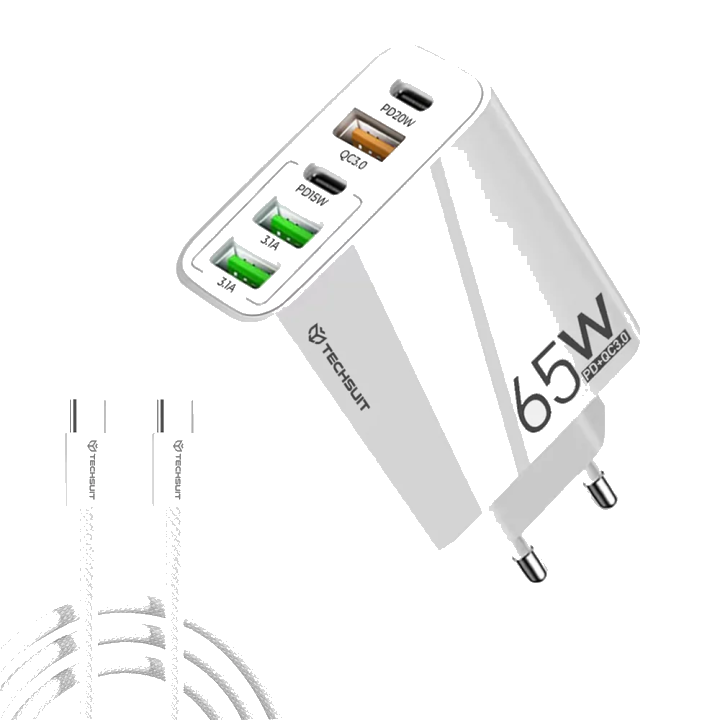 Netzladegerät mit USB-C Kabel Techsuit CHC2 PentaXPower, 20W, 3A, 3 x USB-A - 2 x USB-C, Weiß