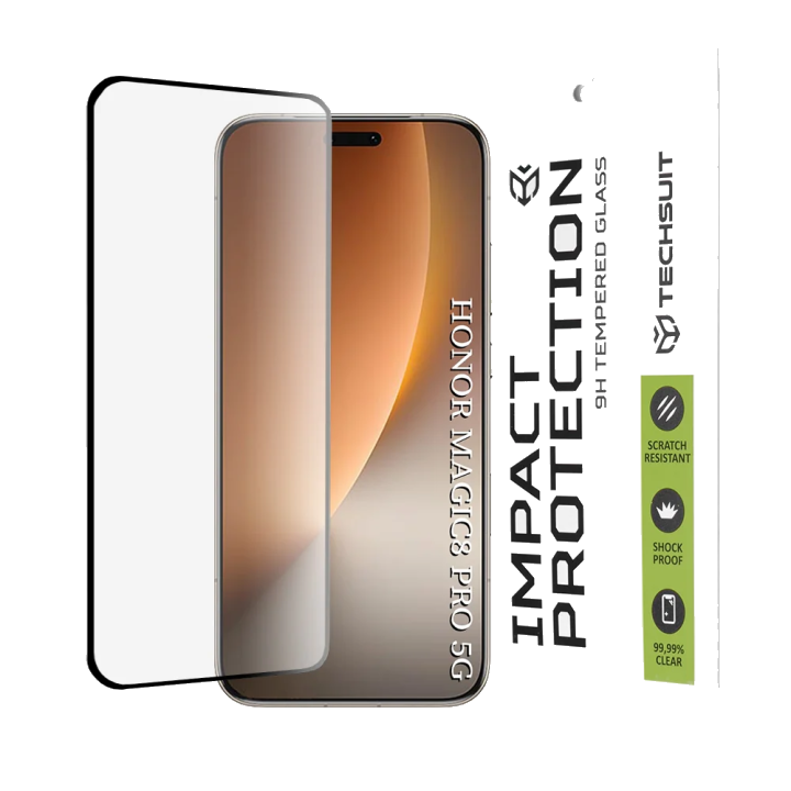 Schutzfolie Techsuit für Honor Magic8 Pro, gehärtetes Glas, Full Glue, 111D, Schwarz