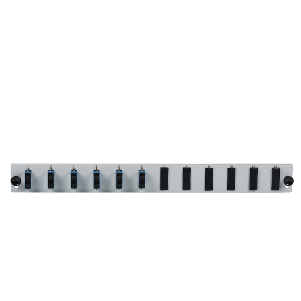 Bestückte 12 Port Frontblende mit 6 x SC, Duplex Kupplung OS2 vertikal, schwarz