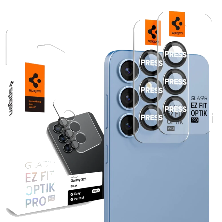 Schutzfolie für die Rückkamera Spigen GlastR EZ FIT Optik Pro HD für Samsung Galaxy S25+ S936, Gehärtetes Glas, Set mit 2 Stück, Schwarz AGL09088