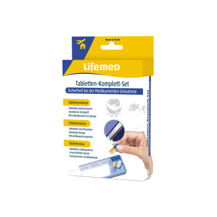 Tabletten Komplett-Set 3-in-1 mit Tablettenteiler, Tablettenmörser und Box