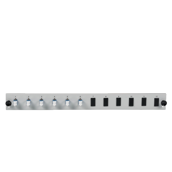 Bestückte 12 Port Frontblende mit 6 x LC, Duplex Kupplung OS2 vertikal, schwarz