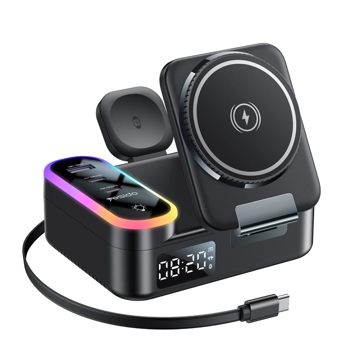 Ladestation Yesido DS38 Display QI 3in1, 65W, 3A, 1 x USB-A - 2 x USB-C, Schwarz