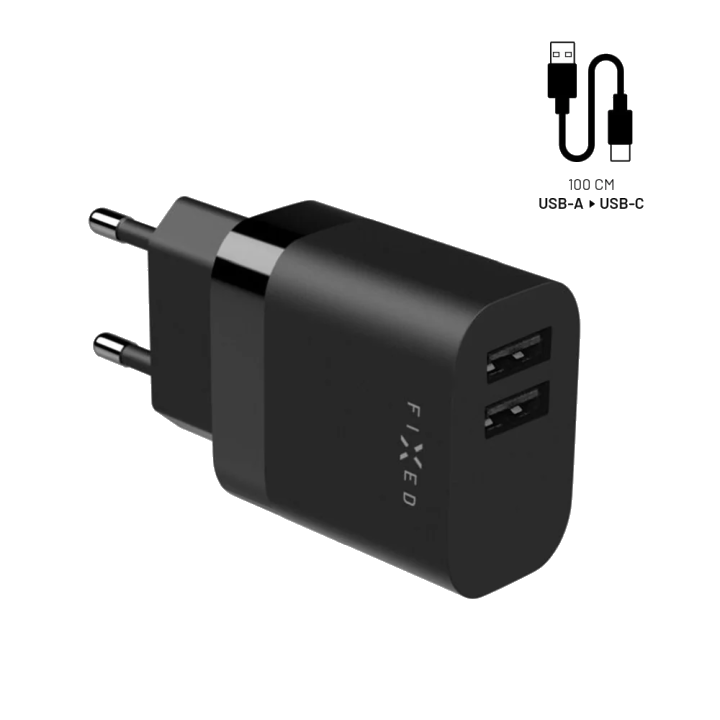 Netzladegerät mit USB-C Kabel Fixed, 17W, 3A, 2 x USB-A, Schwarz