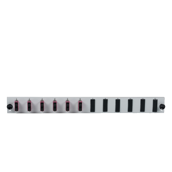 Bestückte 12 Port Frontblende mit 6 x SC, Duplex Kupplung OM4 vertikal, schwarz