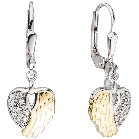 Boutons Herz Flügel 925 Silber bicolor mit Zirkonia Ohrringe Ohrhänger