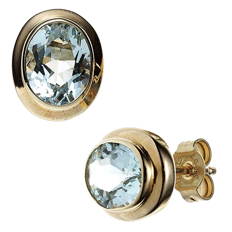 Ohrstecker oval 585 Gold Gelbgold 2 Aquamarine hellblau blau Ohrringe