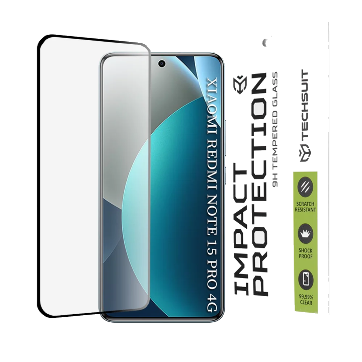 Schutzfolie Techsuit für Xiaomi Redmi Note 15 Pro 4G, gehärtetes Glas, Full Glue, 111D, Schwarz