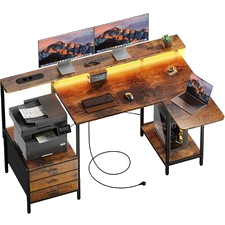 140 cm Schreibtisch Computertisch mit Monitorständer, Steckdose & LED, Braun