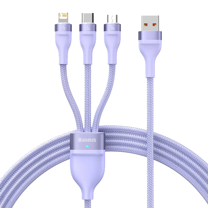 USB-A Ladekabel - Lightning / microUSB / USB-C Baseus Flash Series II 3in1, 66W, 1,2m, Lila CASS040005