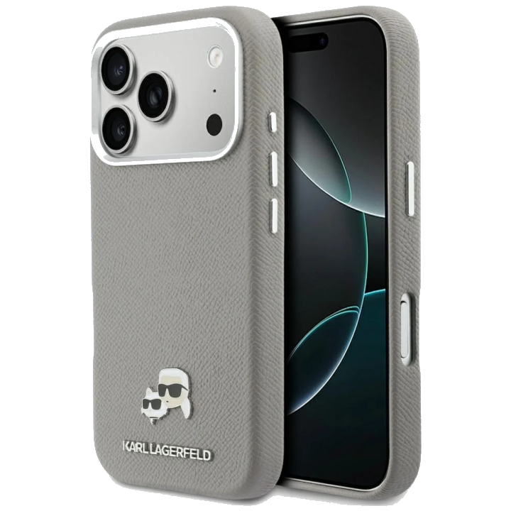 MagSafe Hülle für Apple iPhone 17 Pro, Karl Lagerfeld, Saffiano Karl & Choupette Pins, Grau