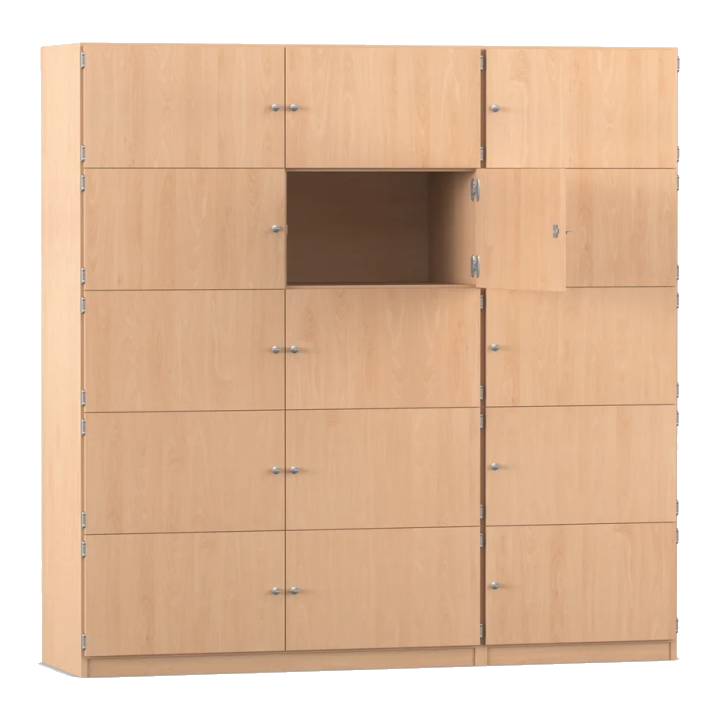 Schließfachschrank, 190,5 cm breit, mit 15 Fächern, Buche hell