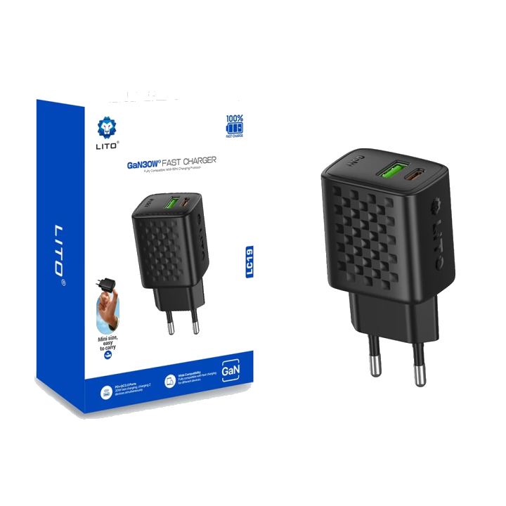 Netzladegerät Lito LC19, 30W, 3A, 1 x USB-A - 1 x USB-C, Schwarz