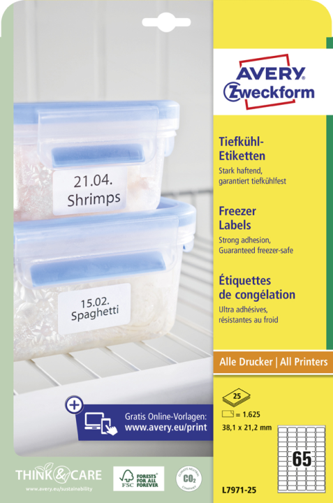 Avery Diepvriesetiketten 63,5 x 33,9 mm, wit, Inkjetprinter, Laserprinter, Kopieerapparaat, permanent klevend L7970-25