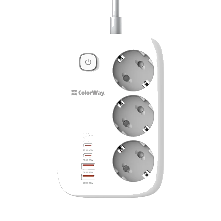 ColorWay Verlängerungskabel, 3 x Schuko - 2 x USB-A - 2 x USB-C, Weiß
