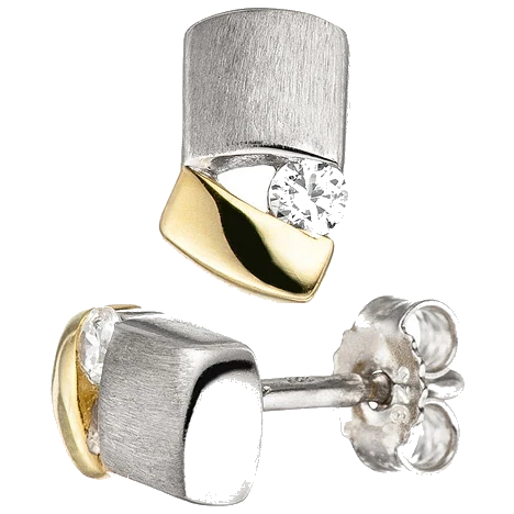 Ohrstecker 925 Sterling Silber bicolor vergoldet matt 2 Zirkonia Ohrringe