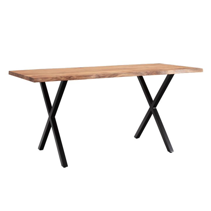 FineBuy Schreibtisch Akazie Massivholz / Metall Computertisch Baumkante, Homeoffice Bürotisch Massiv mit X-Beinen in Schwarz, Holztisch Laptoptisch Arbeitszimmer